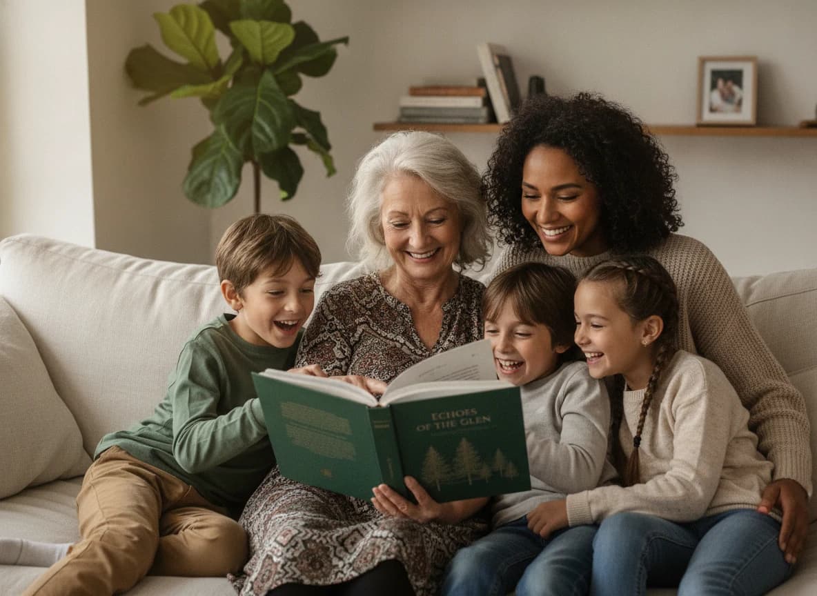A relaxed, contemporary mixed-heritage British family of three generations on a sofa, delighted as they look together at a finished forest-green hardback memoir open on the grandmother's lap, warm natural daylight in a modern home