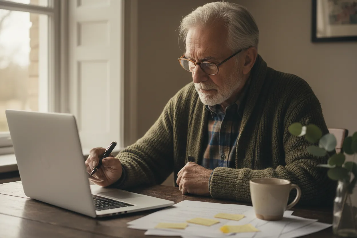 An older man in his late seventies in a wool cardigan reviewing his memoir chapter on a laptop at a writing desk, reading glasses on and a fountain pen in hand, soft morning window light