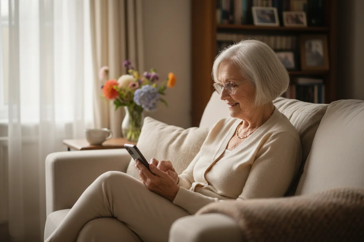 An older woman in her mid-seventies on a linen sofa, looking down at her phone in her lap as she types a memoir answer with both thumbs, a quiet reminiscing smile, soft afternoon light