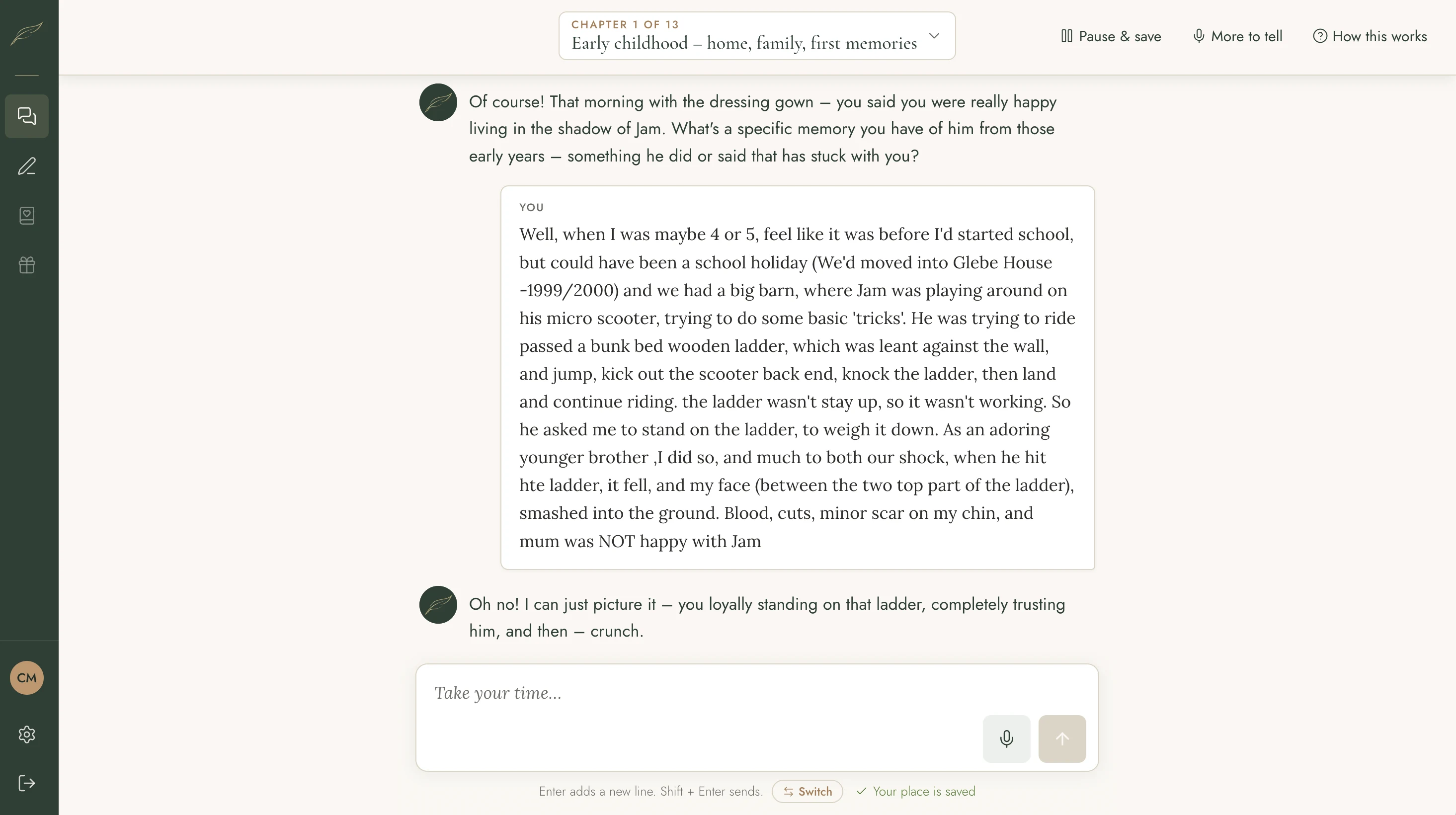 A Chronicle interview on a laptop – the interviewer picks up a detail from an earlier answer and asks a warm follow-up, and the storyteller replies in their own words, "Chapter 1 of 13"