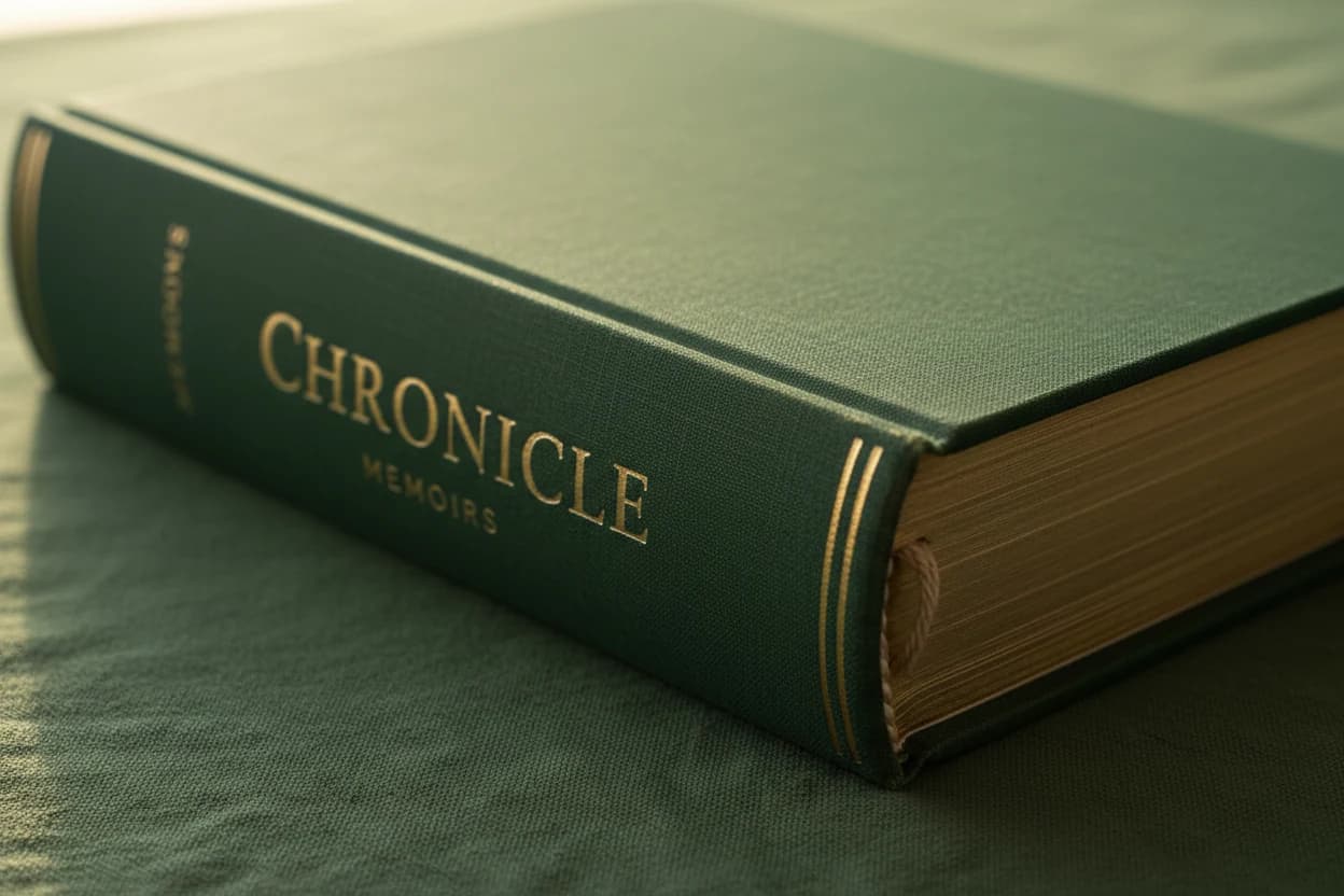 Heirloom Chronicle photographed in three-quarter view showing both the hardback construction and the Smyth Sewn binding – linen thread visible between the page signatures