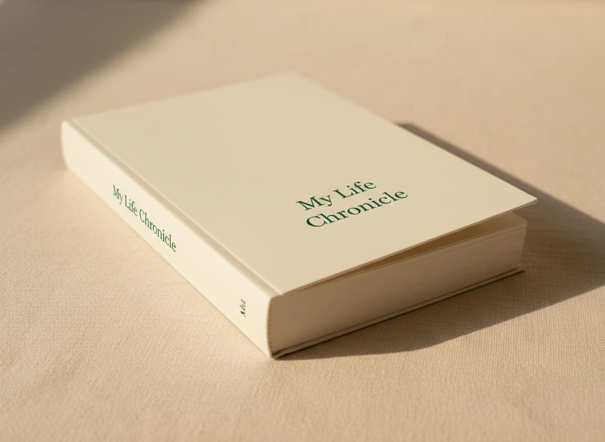Close-up of a cream Life Story softcover paperback at a low three-quarter angle – flexible printed cover bowing gently under its own weight, cream page-block edges visible at the foot, "My Life Chronicle" running vertically up the spine in small forest-green serif