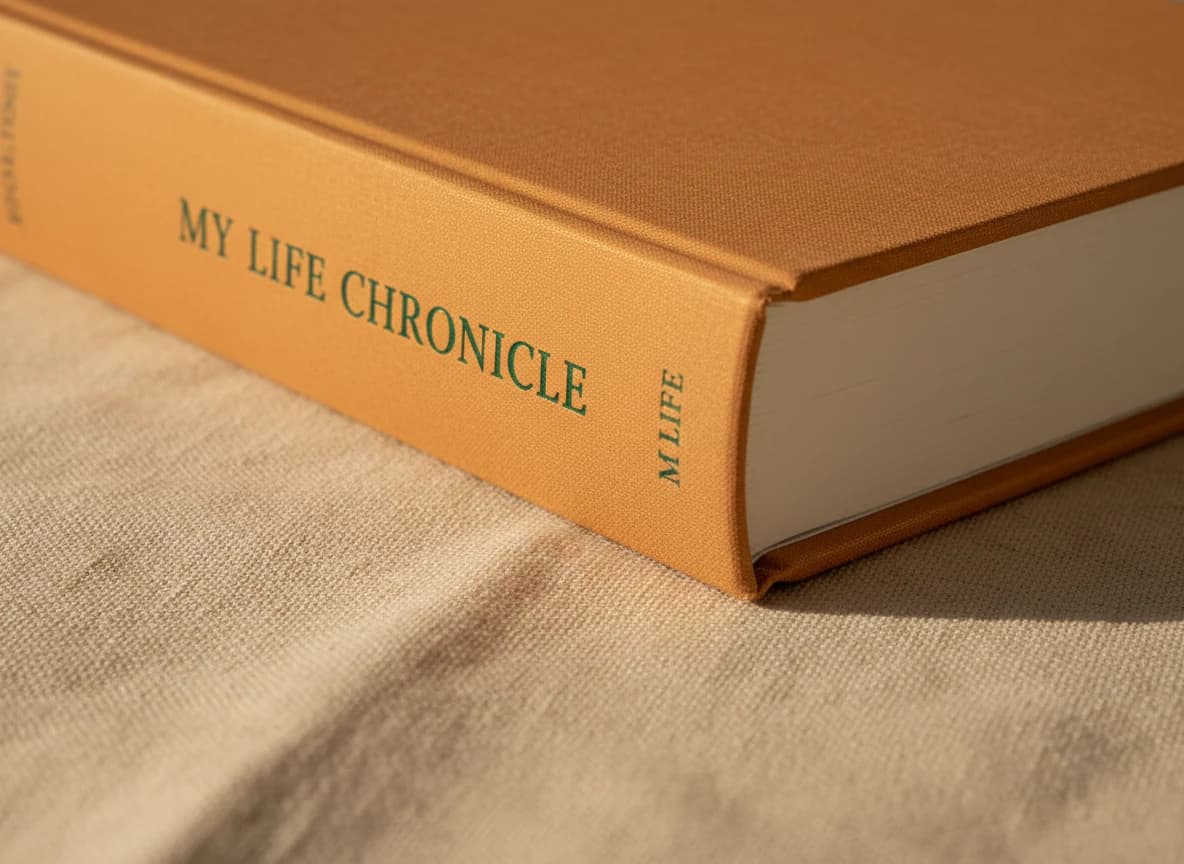 Close-up of an amber Memoir casebound hardback spine – rigid board cover with a printed wrap, classic bookshop-hardback construction