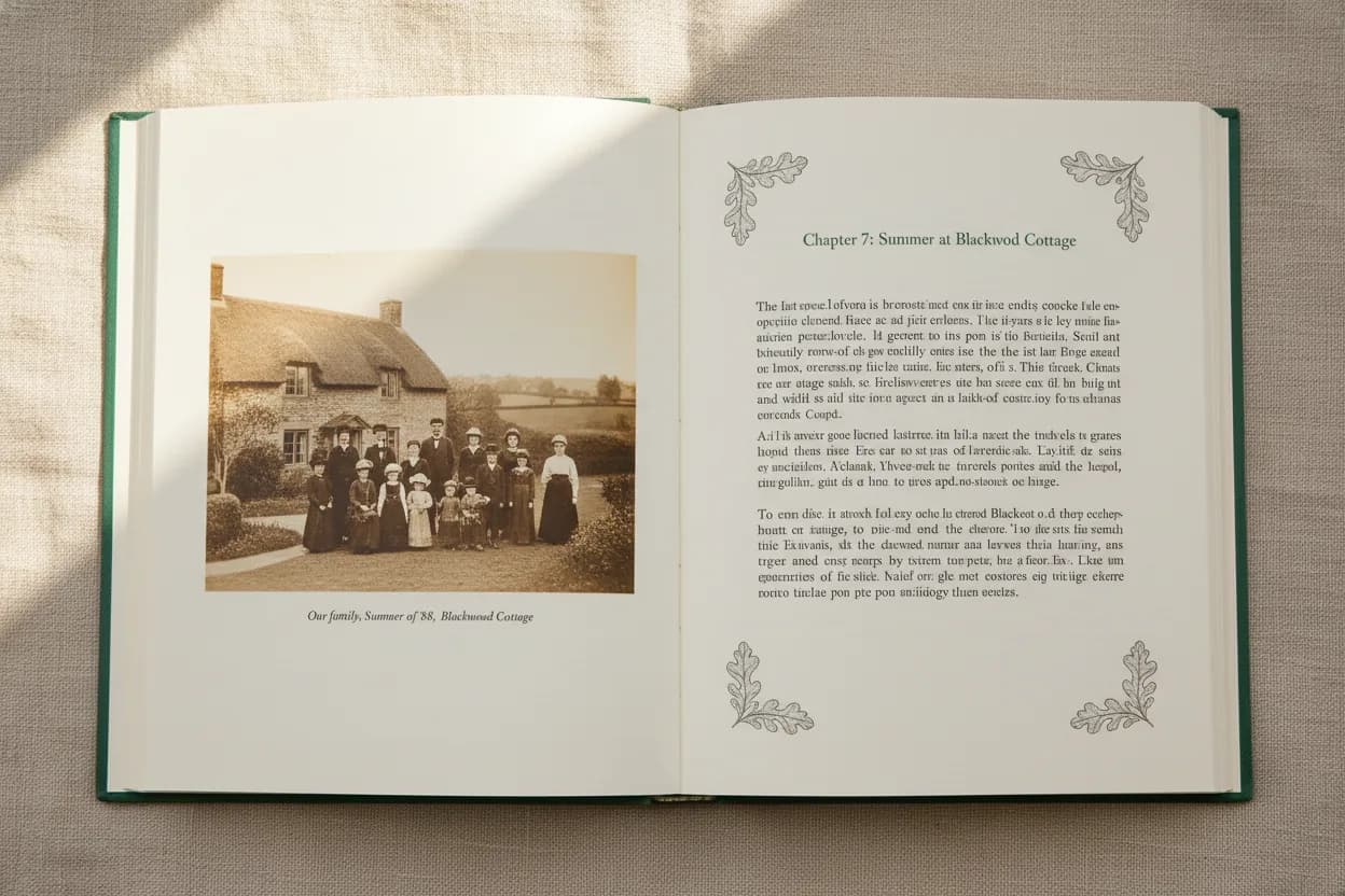 An open Heirloom hardback memoir showing a full-colour spread – a single Victorian-era family photograph on the left page, chapter text on the right with oak-leaf corner ornaments, opening completely flat thanks to Smyth Sewn binding