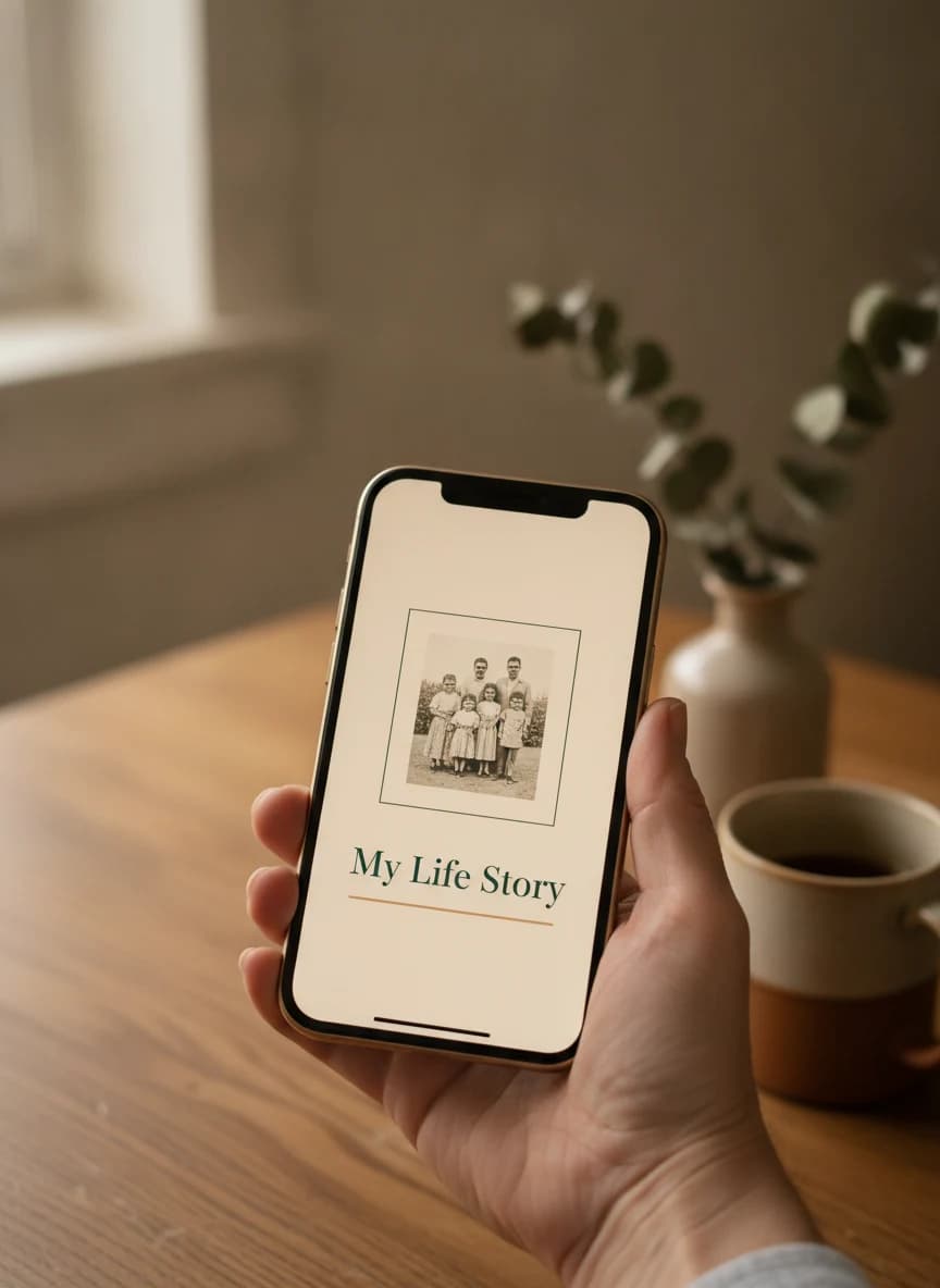 A hand holding a phone showing the Life Story digital edition cover – a cream cover with a black-and-white family photograph and "My Life Story" in forest-green serif, dried eucalyptus and a cup softly behind