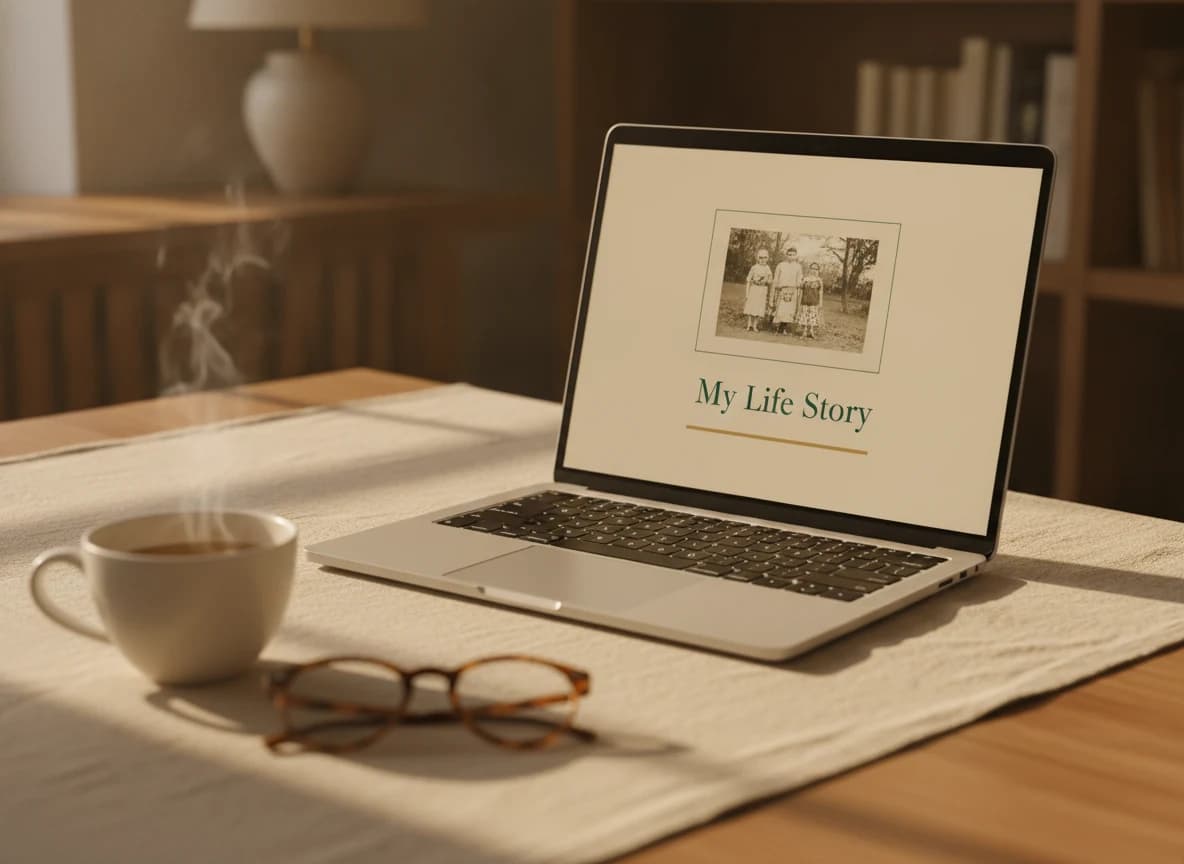 A laptop on a warm linen desk in soft daylight, its screen showing the Life Story digital edition – a cream cover with a black-and-white family photograph and the title "My Life Story" in forest-green serif, a cup of tea and reading glasses nearby