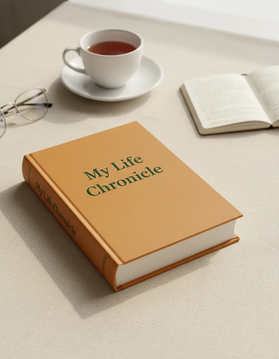 A warm amber casebound hardback memoir titled "My Life Chronicle" in forest-green serif type on the cover, photographed at a soft angle on a linen-covered desk with a cup of tea, an open notebook and folded reading glasses nearby