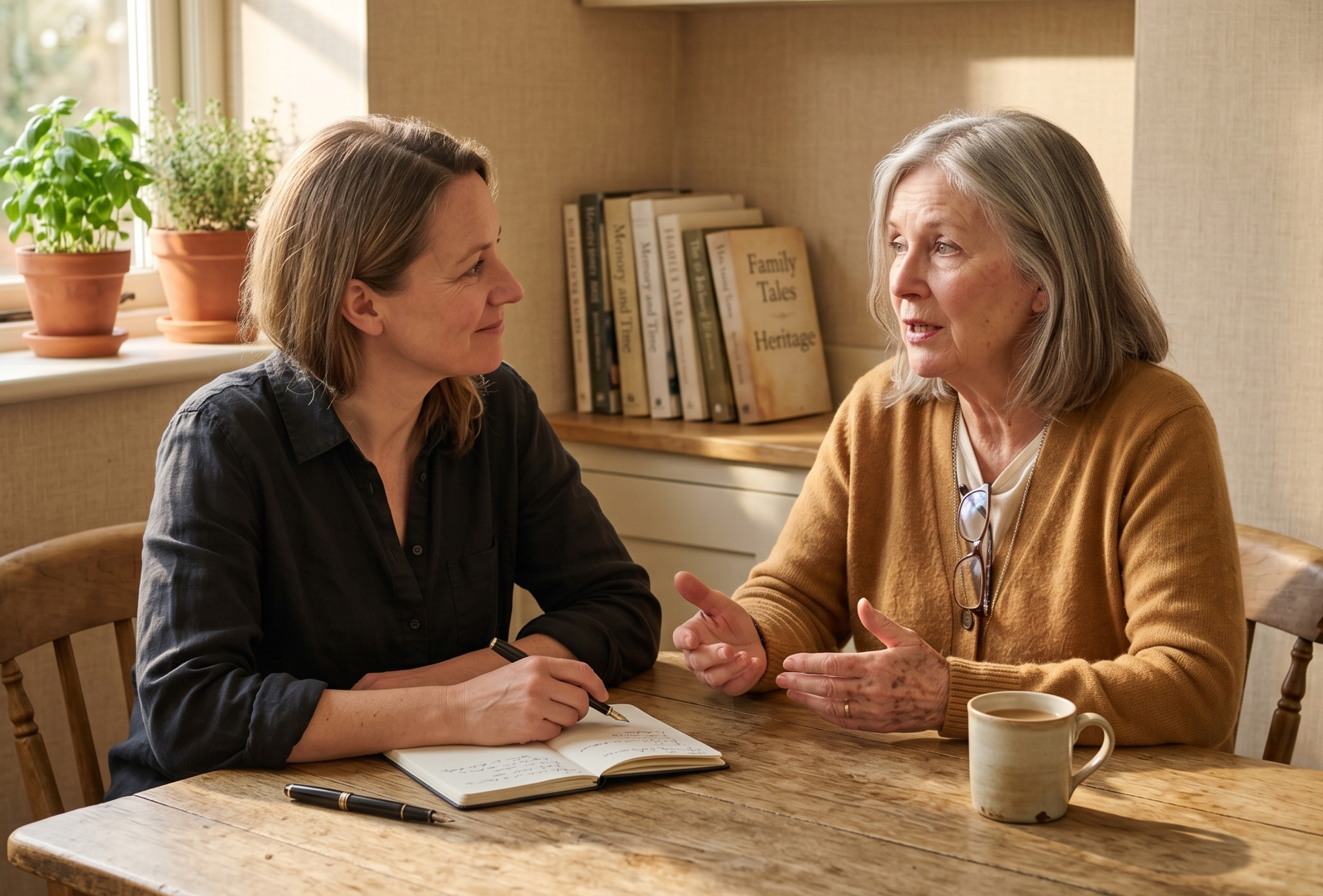 An older parent and adult child sitting at a kitchen table in afternoon light