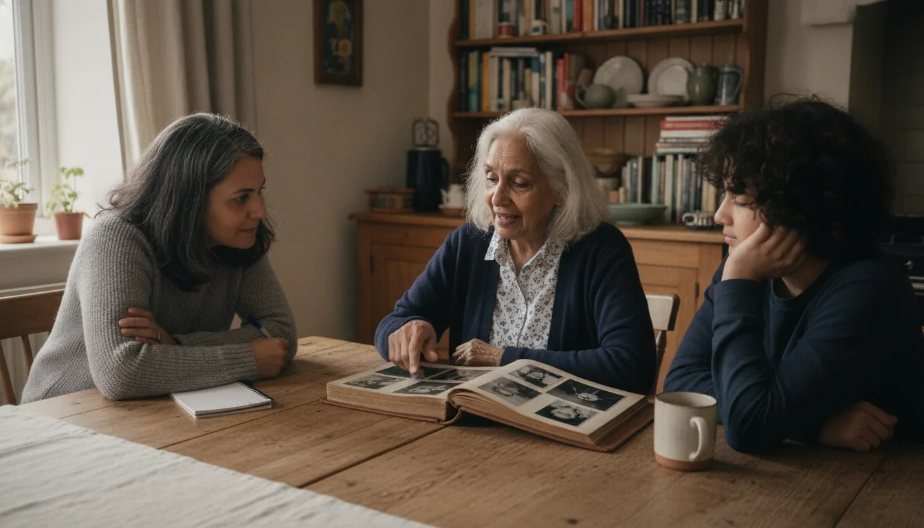 A South Asian British grandmother pointing at a photograph album at a kitchen table, her adult daughter leaning in attentively with a notebook, a teenage grandchild listening – natural window light, real British home