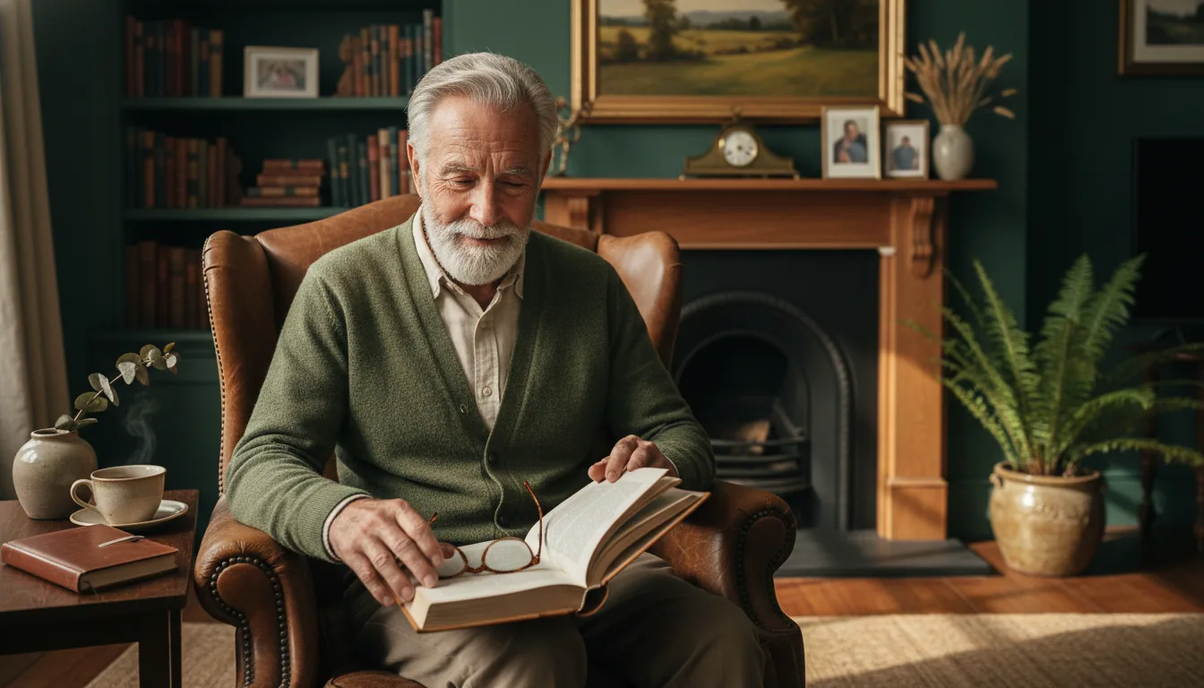 A father in his late seventies sitting by a window, looking down with a quiet smile while holding a book in his lap