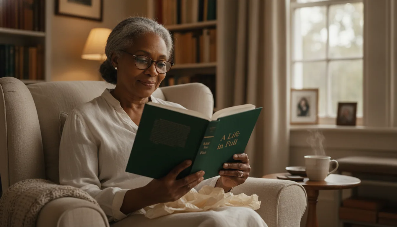 A woman in her seventies seated in a linen armchair, reading an open forest-green hardcover book with quiet pleasure, cream tissue paper in her lap – gifts for elderly parents who have everything