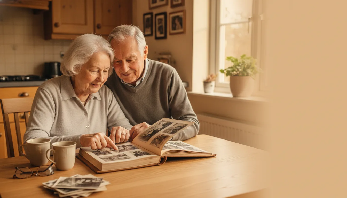 An older couple in their seventies sitting together at a kitchen table, looking at an open hardcover book with photographs inside, warm afternoon light through the window behind them