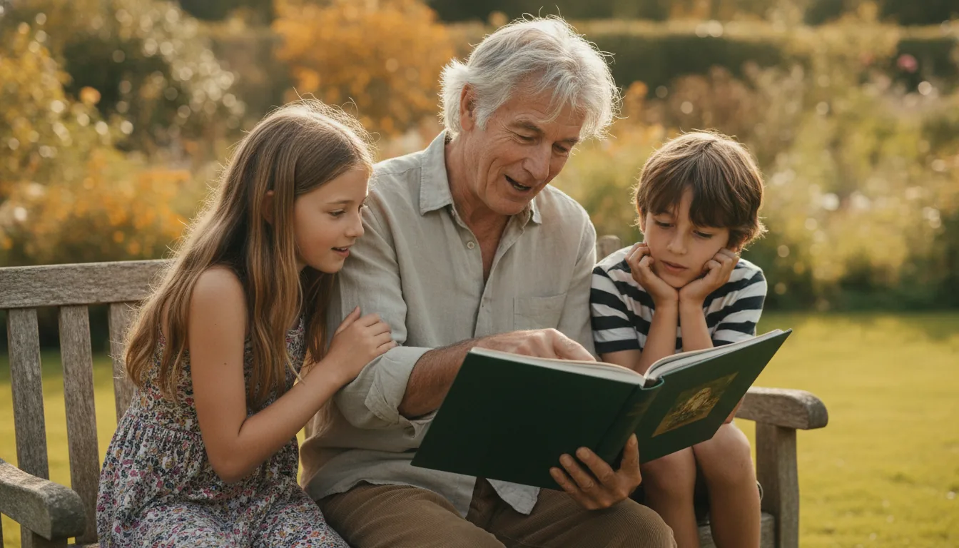 A grandfather reading from a deep green hardcover book on a garden bench, two grandchildren leaning in on either side – warm autumn afternoon light, blurred herbaceous border behind them