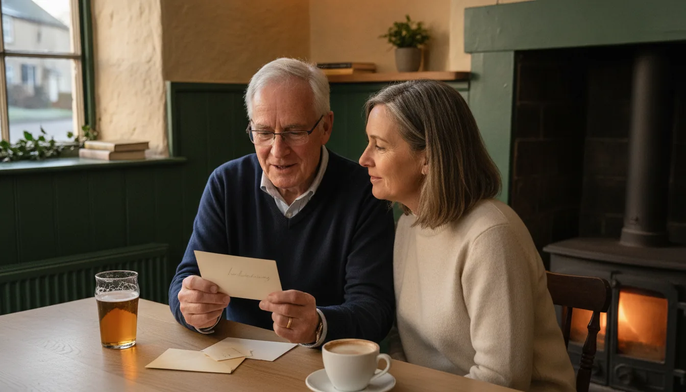 A father in his late seventies looks at an old photograph by a pub wood-burner in winter, a handwritten card and envelope on the table, as his daughter watches his face – how to give an experience gift that feels like a present