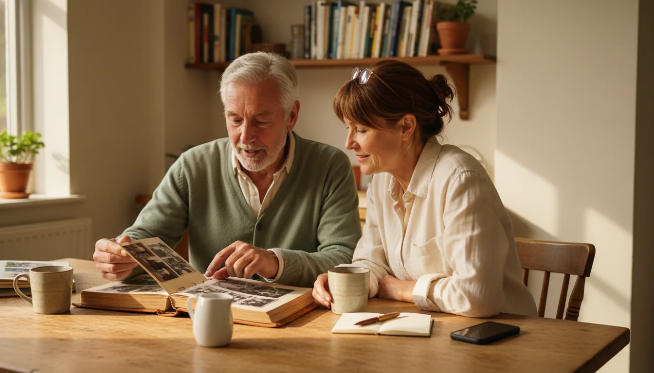 A daughter in her early fifties sitting across a kitchen table from her elderly father in afternoon light, both leaning slightly forward in quiet conversation