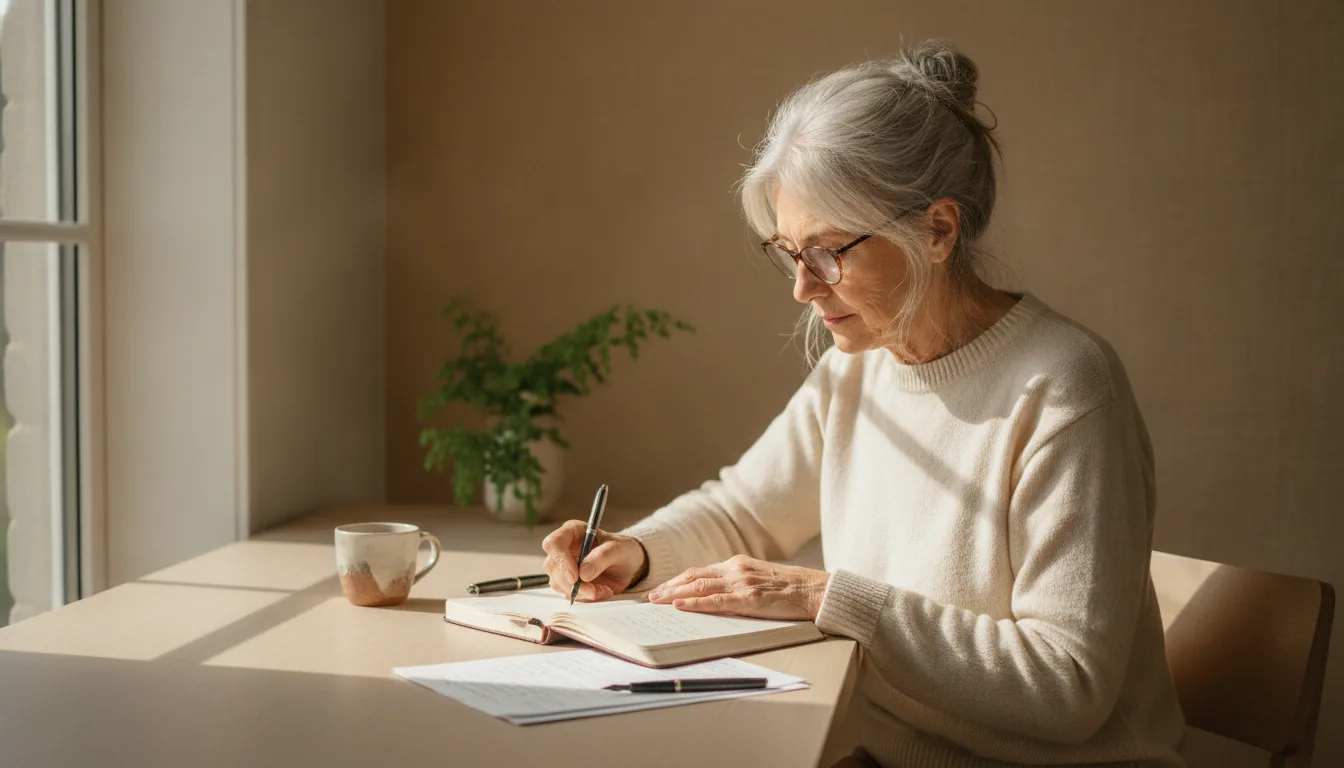An older woman writing in a journal at a pale wooden desk in soft morning window light – how to write a memoir