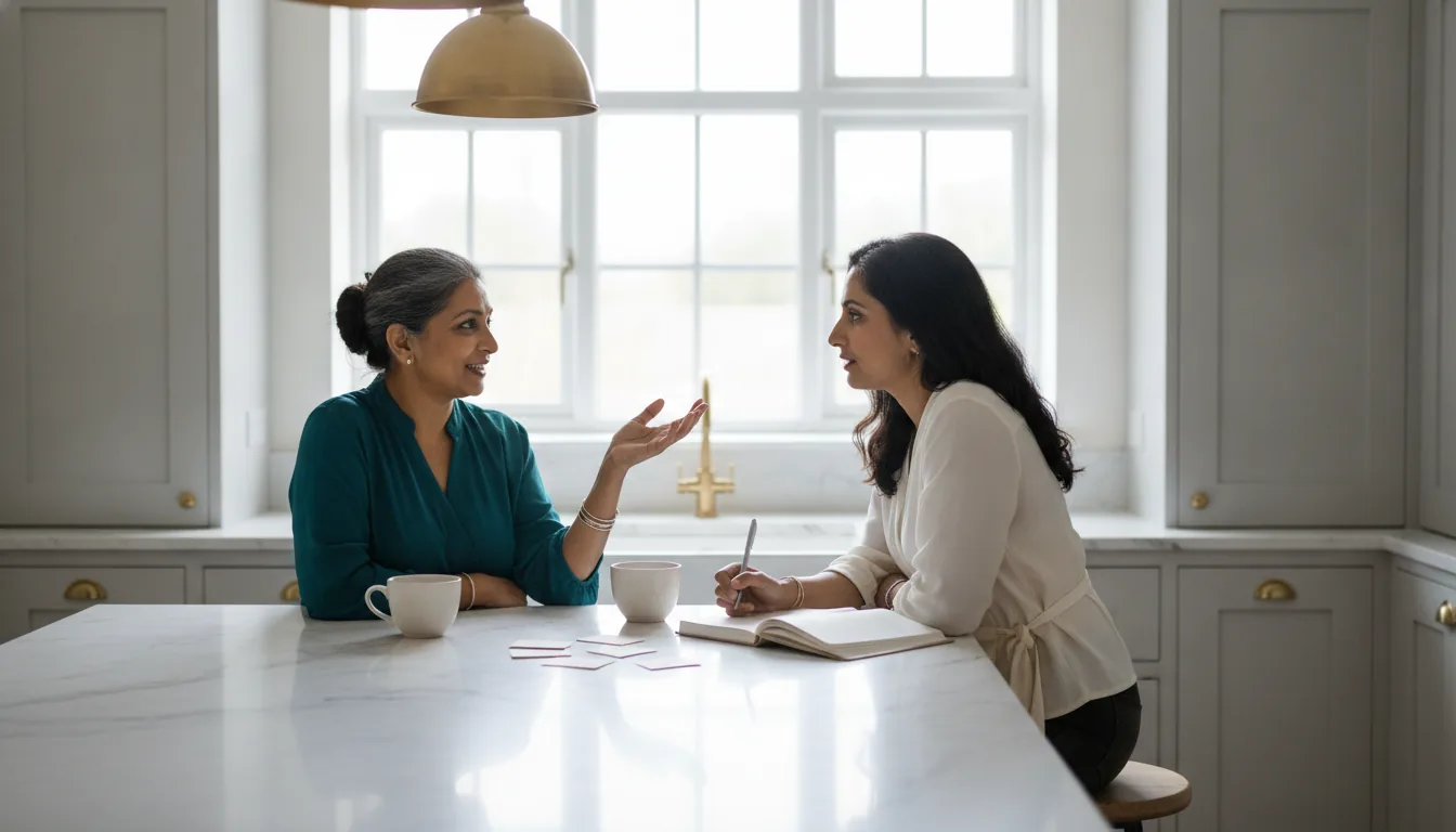 A British Indian mother mid-story at a marble kitchen island, her daughter writing in a journal beside her, stylish contemporary kitchen with natural light