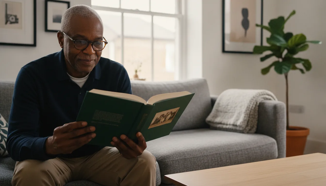 A man in his late seventies seated in a worn leather armchair, holding an open green hardcover book with a quiet, warm expression — afternoon light from a window, bookshelves softly blurred behind him