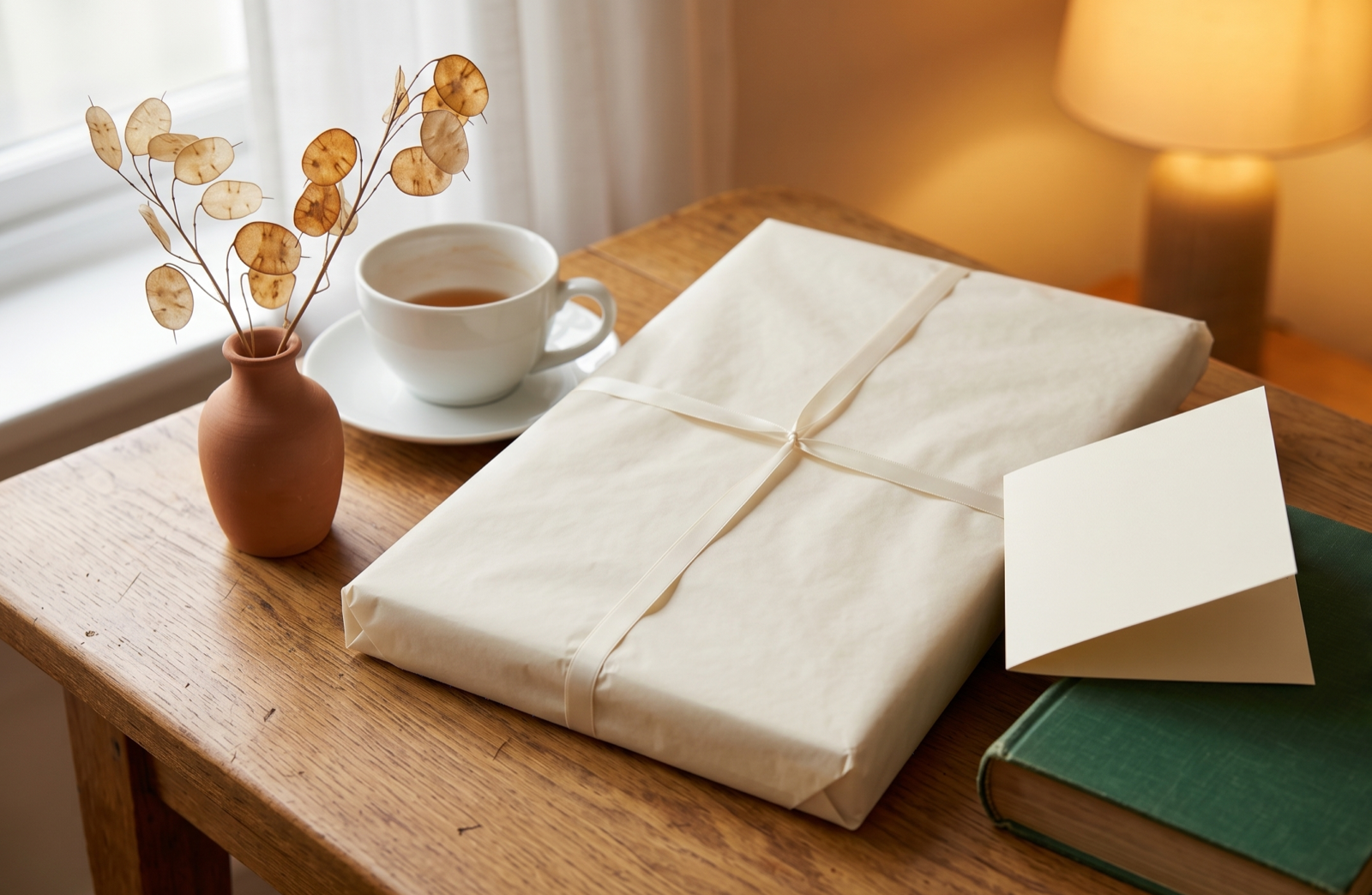 A wrapped gift on a wooden kitchen table beside a cup of tea and a soft lamp