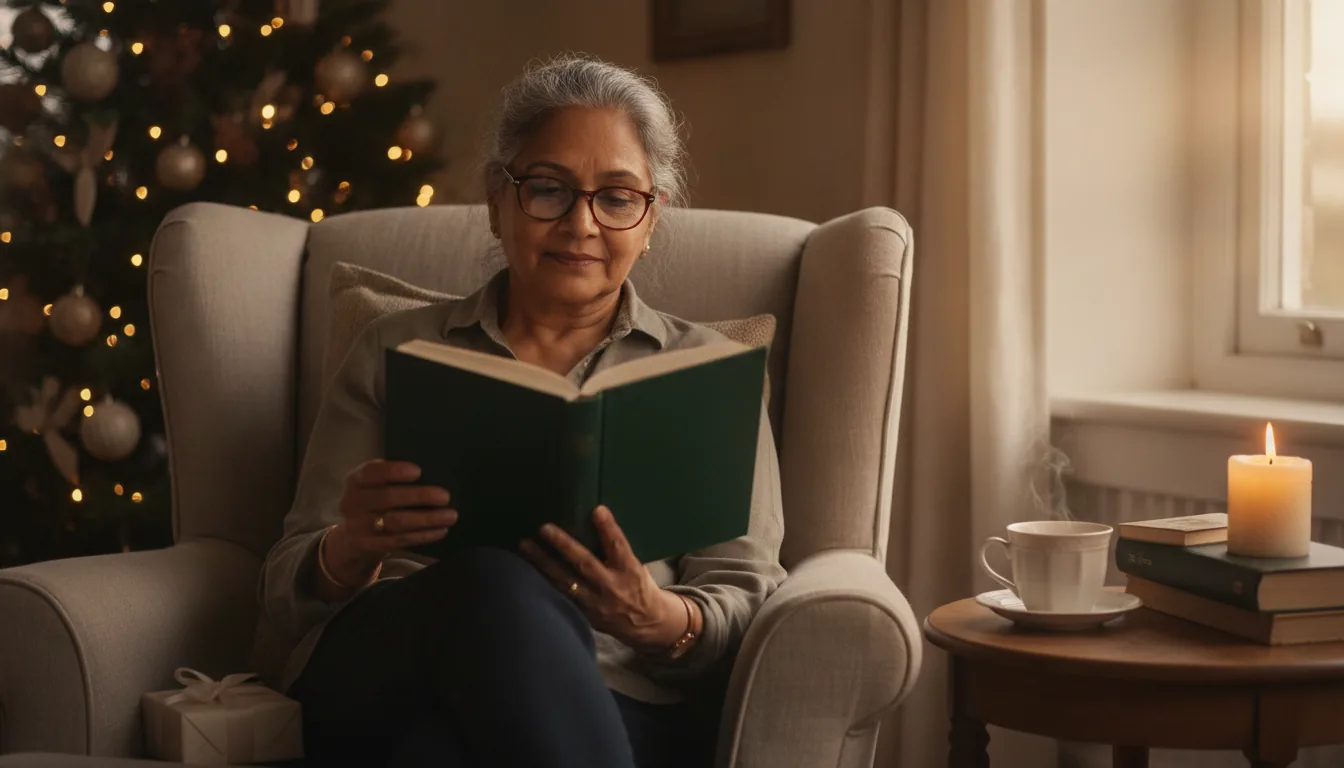 An older woman in her seventies opening a forest-green hardcover book on Christmas morning, soft candlelight and a decorated tree blurred behind her, warm and intimate