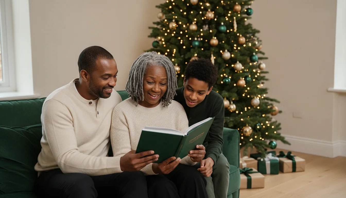 A grandmother opening a Chronicle book with her son and grandchild gathered around her, Christmas tree softly lit behind them, warm modern living room
