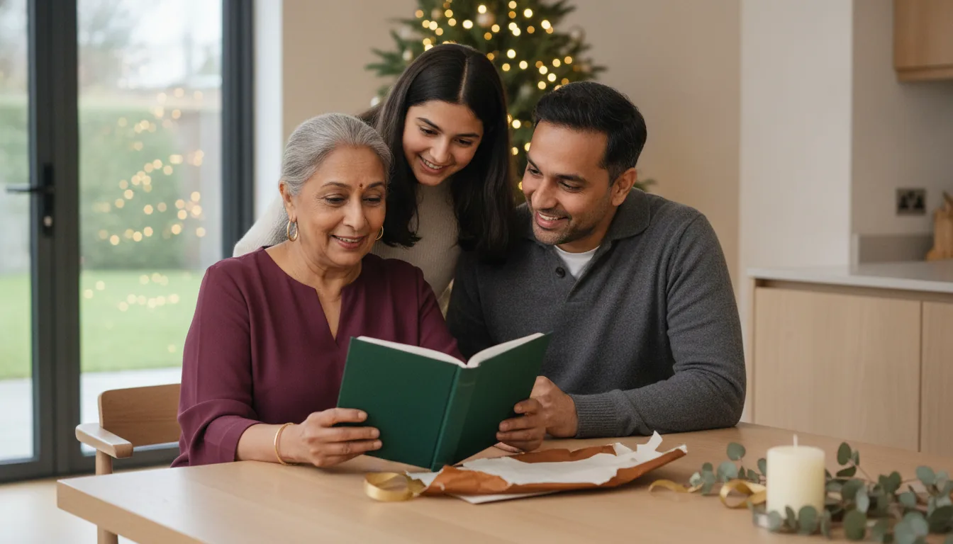 A woman in her seventies opening a deep green hardback memoir on Christmas morning as her son and granddaughter lean in beside her – a meaningful Christmas gift for a parent from another country