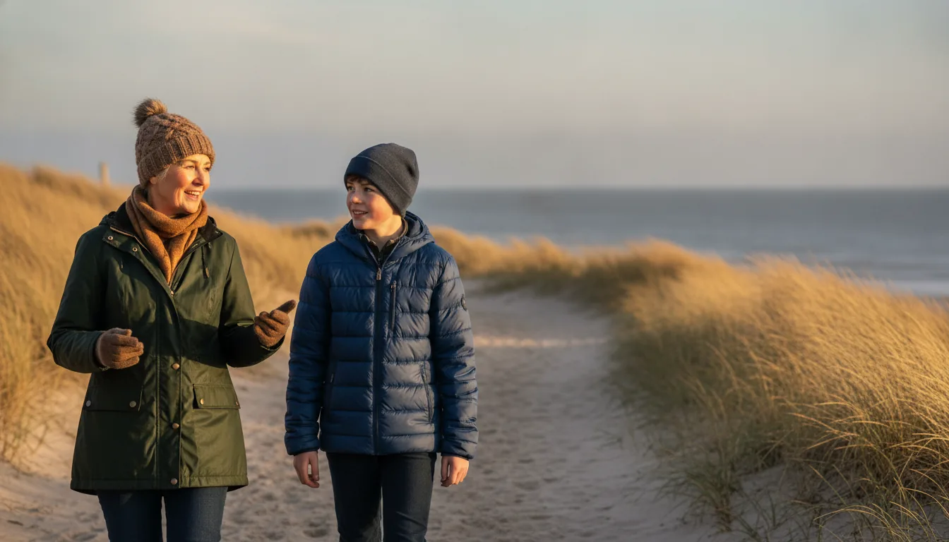 A grandmother in her late sixties telling a story as she walks a dune path by the sea in winter sun, her teenage grandson listening beside her – the most meaningful gift from grandparents to grandchildren is their story