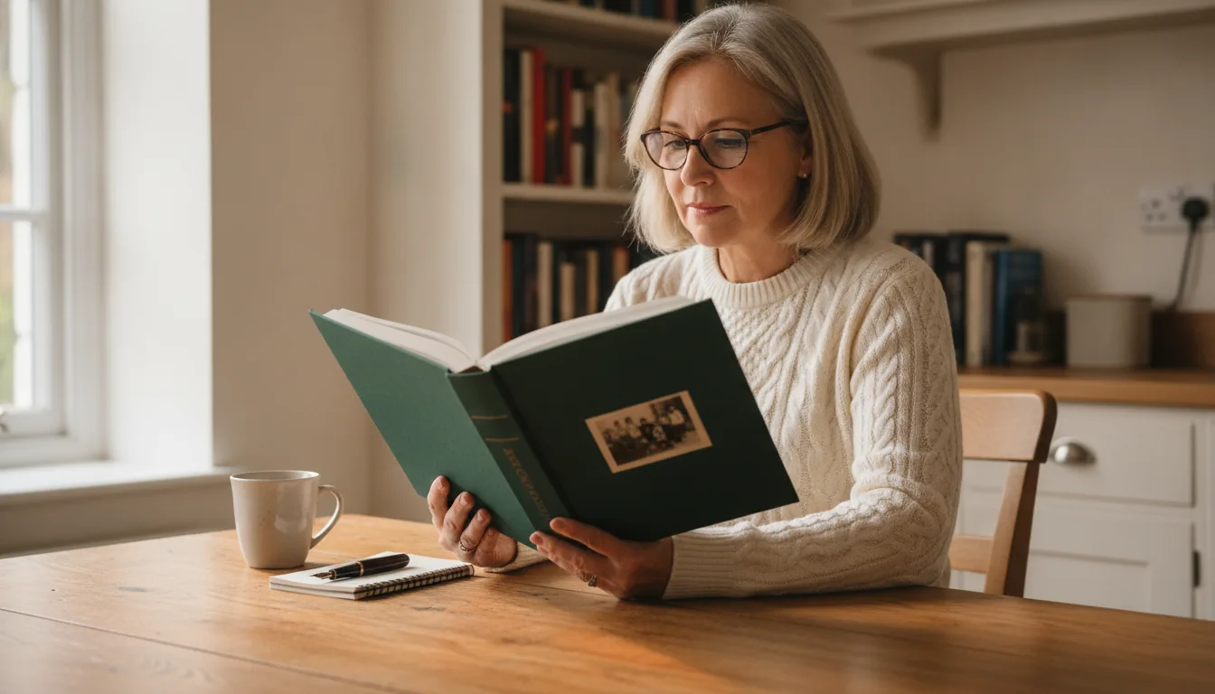 A woman in her fifties reading an open memoir hardback at a kitchen table, morning light from a window beside her