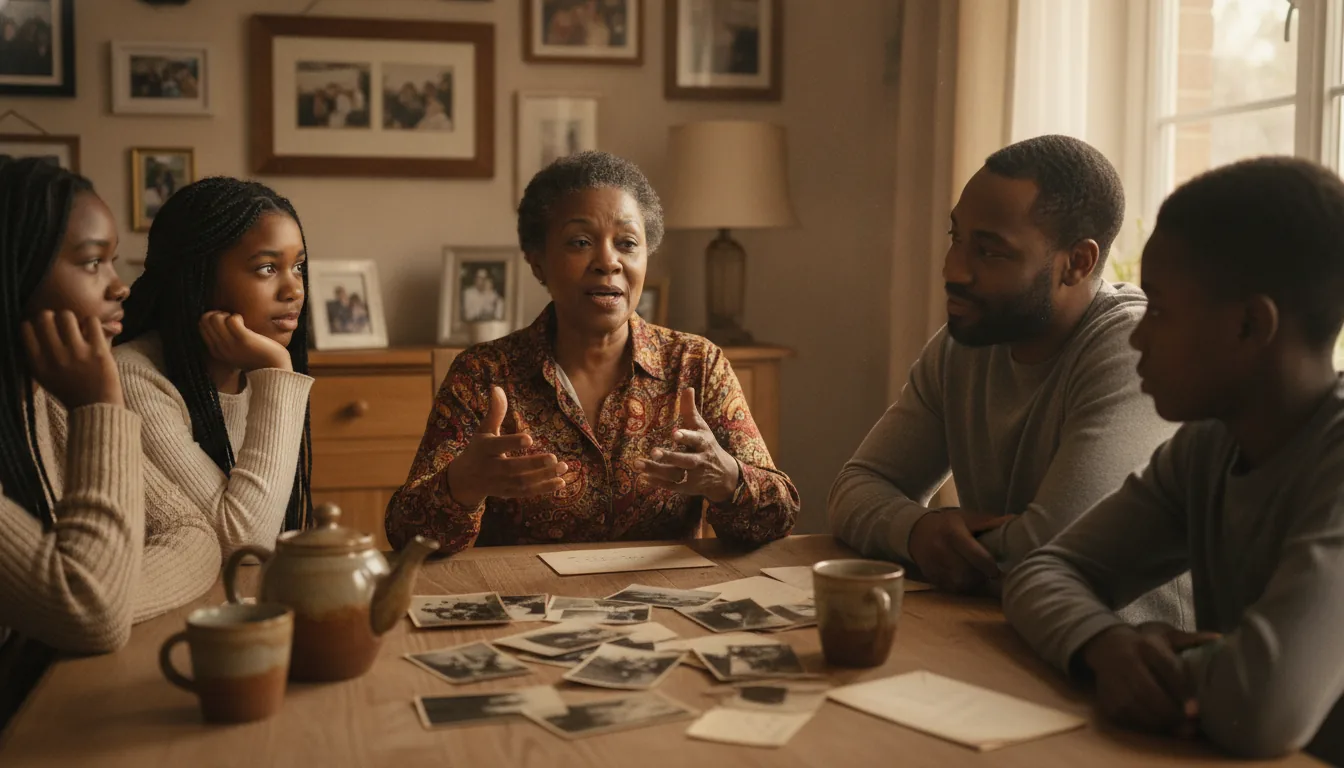 A multigenerational British family of Nigerian heritage gathered around a kitchen table — a grandmother in her seventies at the centre, her adult son and teenage grandchildren leaning in, old photographs spread between them, warm afternoon light