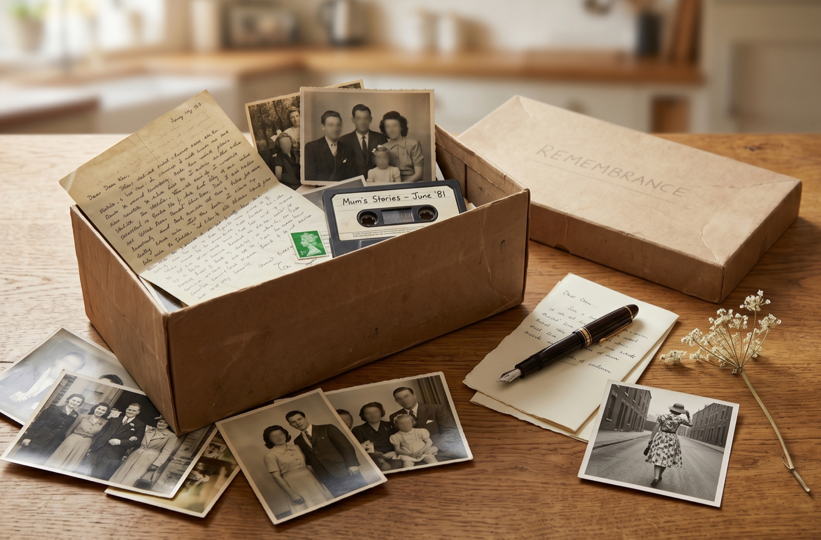 An open shoebox of old photographs, letters and a cassette tape on a kitchen table