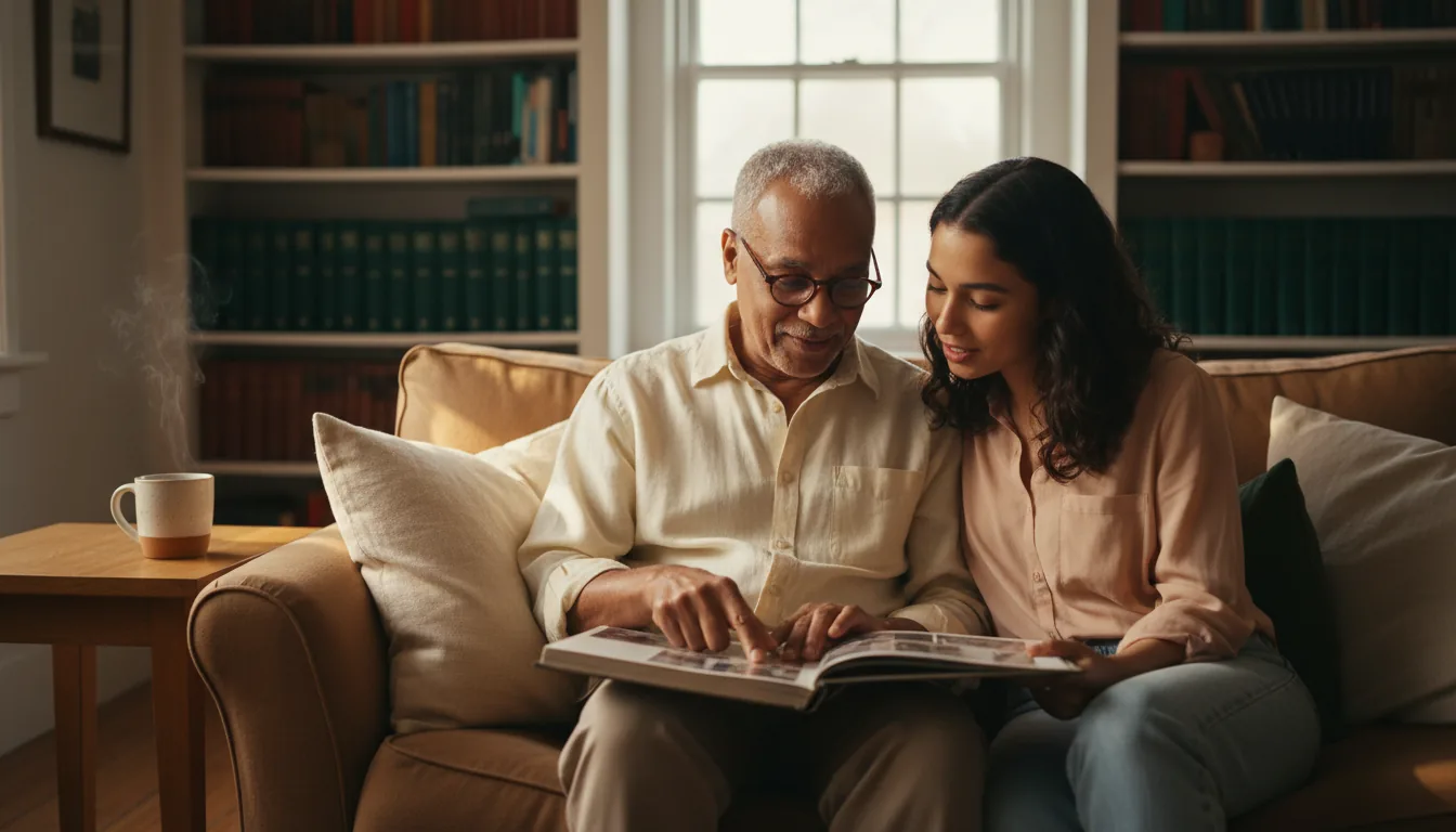 A grandfather and grandchild sitting together on a garden bench, mid-conversation in warm afternoon light