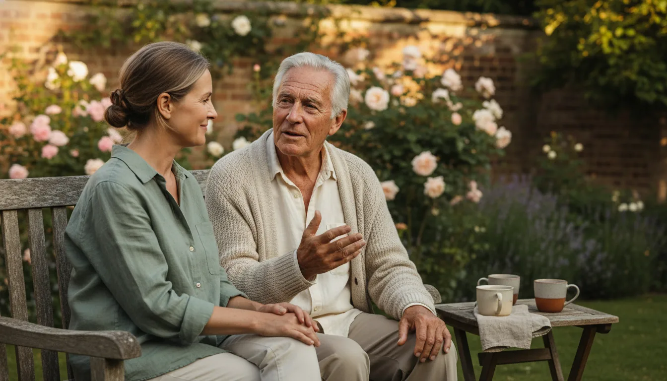 A father in his late seventies sitting on a garden bench with his daughter, mid-story in warm afternoon light – questions to ask your dad on Father's Day