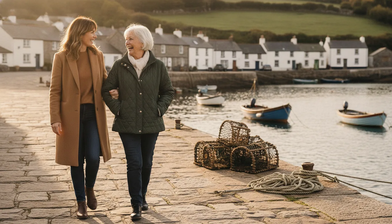 A mother in her seventies and her daughter walk arm in arm along a Cornish harbour quay, laughing together as the mother tells a story from her youth – questions to ask your mum about her life before you