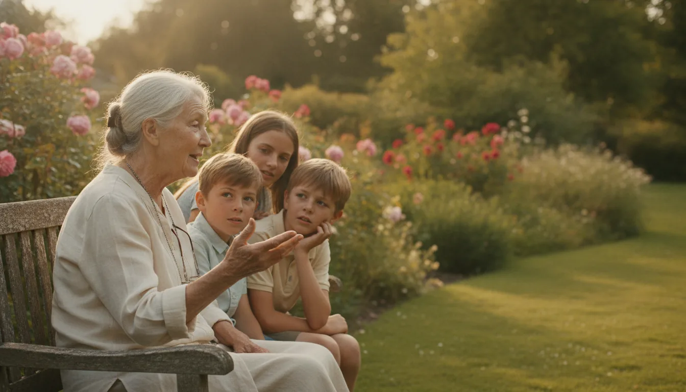 A grandmother and her grandchildren sitting together in a sunlit garden, mid-conversation on a warm summer afternoon