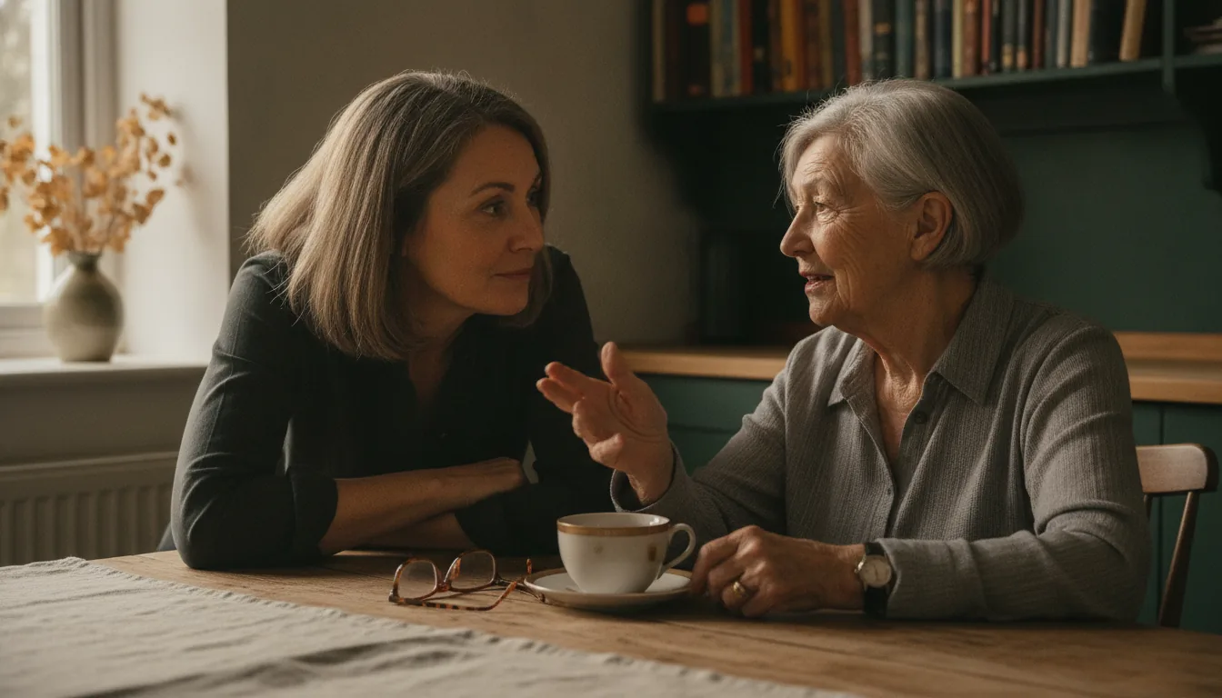 A daughter in her early fifties listening intently to her mother across a kitchen table – the mother mid-seventies, gesturing as she talks, reading glasses on the table, a cup of tea between them, warm afternoon window light