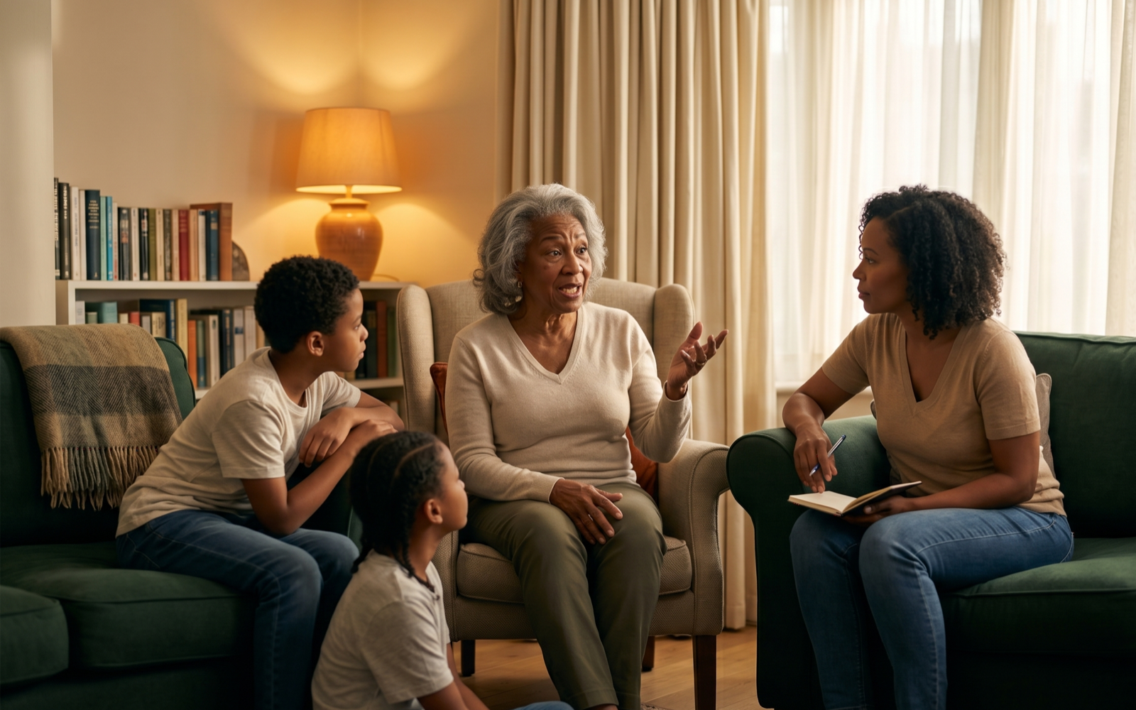 Three generations of a family in a living room, mid-conversation in afternoon light