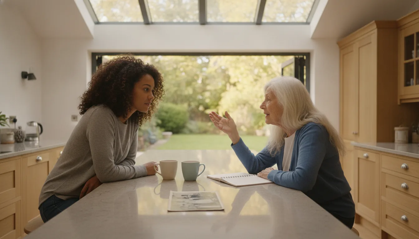 A grandmother in her late eighties sitting opposite her adult granddaughter at a kitchen table, the grandmother mid-story with one hand raised gently, a framed black-and-white photograph visible on the sideboard behind them, warm afternoon light