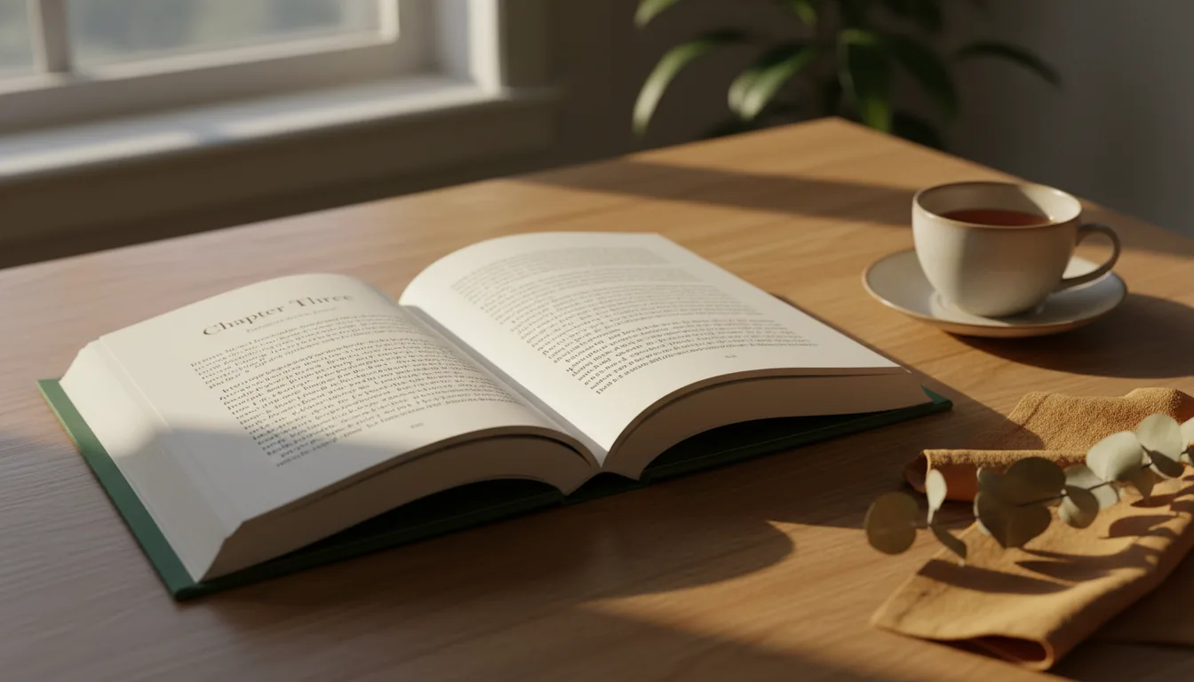 An open hardcover life story book resting on a kitchen table beside a cup of tea in warm afternoon light
