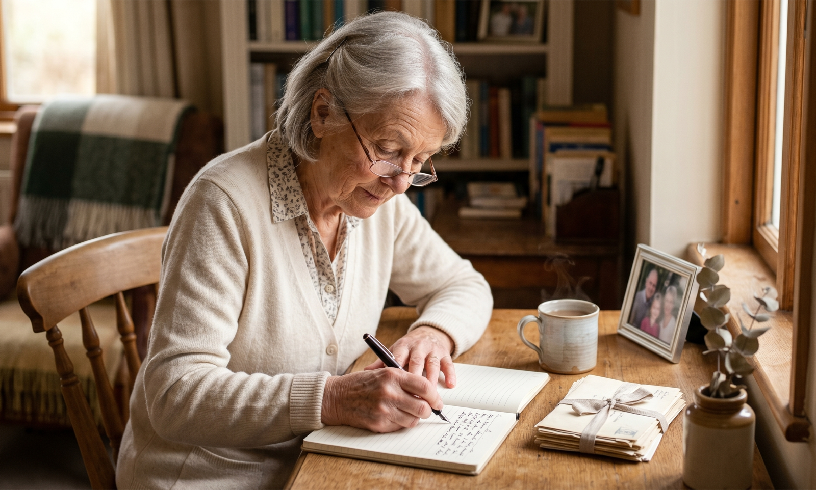 An older woman writing in a notebook by a window in soft daylight