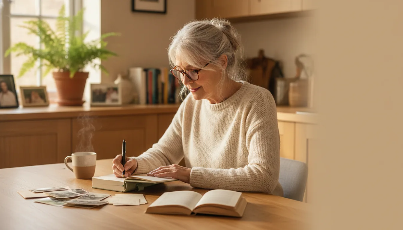 A woman in her late sixties writing in a cloth-covered journal at a pale wooden desk by a window, reading glasses on, morning light, calm and purposeful